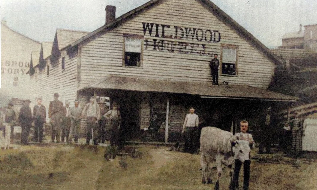 Downtown – Wildwood Hotel, with the spoke and broom handle factory in the rear left. Spring Valley, Yesteryear Revisited by Doug Blegen