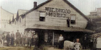 Downtown – Wildwood Hotel, with the spoke and broom handle factory in the rear left. Spring Valley, Yesteryear Revisited by Doug Blegen