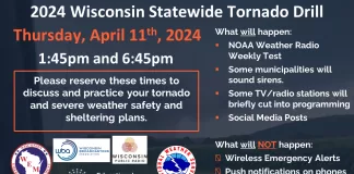 Wisconsin’s annual statewide tornado drills will take place on April 11 at 1:45 p.m. and 6:45 p.m., offering an opportunity to practice your tornado sheltering plans. Submitted by ReadyWisconsin