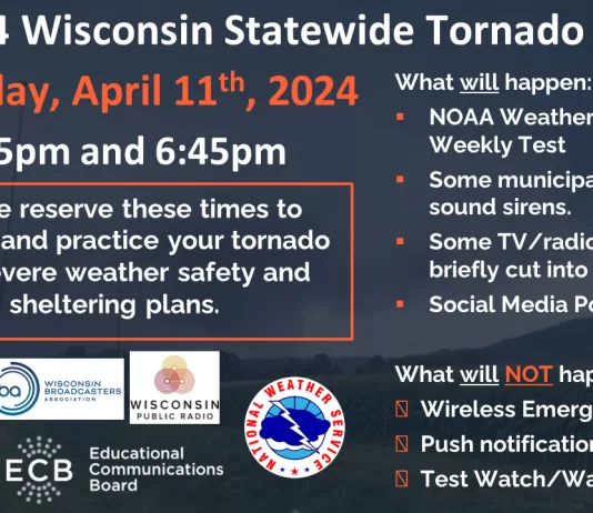Wisconsin’s annual statewide tornado drills will take place on April 11 at 1:45 p.m. and 6:45 p.m., offering an opportunity to practice your tornado sheltering plans. Submitted by ReadyWisconsin