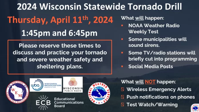 Wisconsin’s annual statewide tornado drills will take place on April 11 at 1:45 p.m. and 6:45 p.m., offering an opportunity to practice your tornado sheltering plans. Submitted by ReadyWisconsin